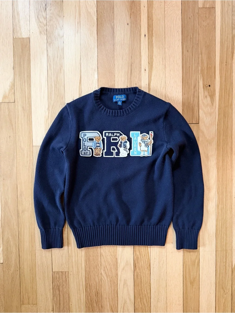 Ralph Lauren Navy Crewneck Sweater with Polo Bear Letter Patches